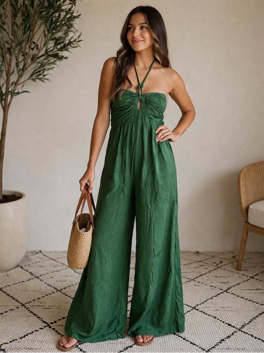 Khush Strapless Wide-Leg Halter Jumpsuit in Forest Green - Picture 9 of 9